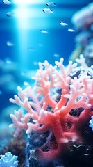 Close-up detailed portrait of corals underwater against underwater background, background image, AI generated