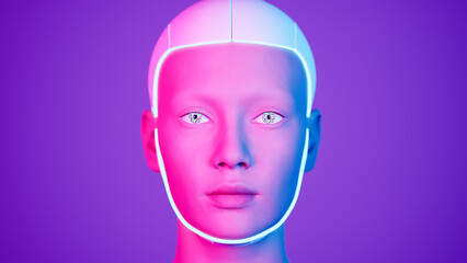 Stylish handsome cyborg head rotating. 3d render of Futuristic woman