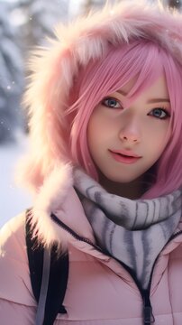 Portrait of a smiling pink hair female in anime style surrounded by winter spruce forest with space for text, background image, AI generated