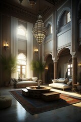 Interior of living room with fountain in luxury Arabic style house.