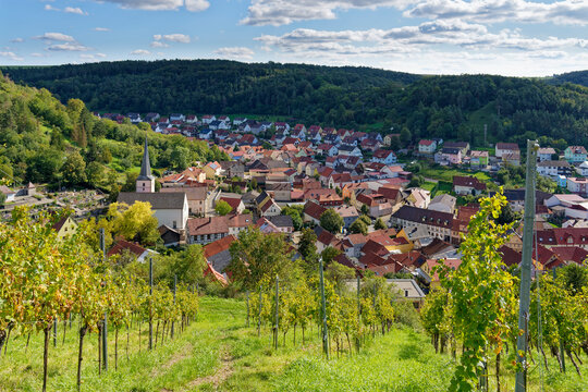 Blick auf das Weindorf Ramsthal und seine Weinberge, Landkreis Bad Kissingen, Franken, Unterfranken, Bayern, Deutschland