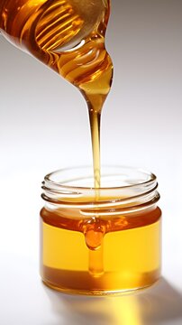Close-up portrait of honey poured from a bottle against white background, background image, AI generated