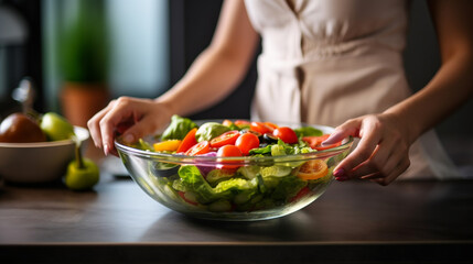 A woman holds a plate with food, salad in her hands on the background of the kitchen.