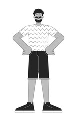 Black bearded sunglasses man power posing black and white 2D line cartoon character. African american adult isolated vector outline person. Confident hands on hips monochromatic flat spot illustration