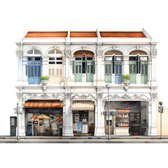 traditional asian Heritage shophouse facade water color of a building in white background
