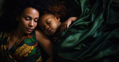 A happy African-American mother being hugged by her cute little daughter at home