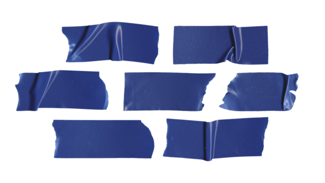 Set of duct tape lines in png format, isolated blue stripes of adhesive tape on transparent background