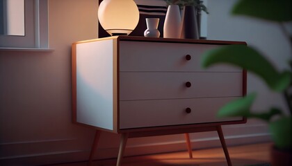 Bedside table night stand bed with a mock-up space for showcasing products and cosmetics. Modern bedroom interior design with a focus on practicality and aesthetic appeal.