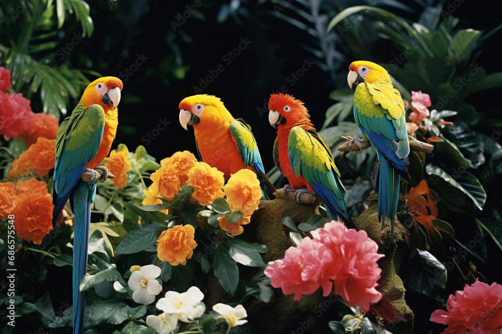 Aufkleber A group of tropical birds in a symphony of colors, their plumage creating a visually stunning display against the emerald foliage.
