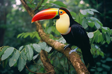 An image capturing the vibrant hues of a toucan perched on a branch, its colorful beak contrasting with the lush greenery of the tropical forest.