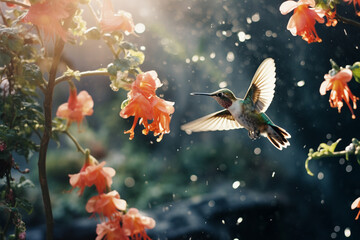Fototapeta na wymiar An enchanting moment frozen in time, as hummingbirds flit amidst tropical flowers, creating a harmonious dance in the air.
