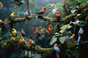 Keuken spatwand met foto A dynamic shot capturing a group of birds in mid-flight, their wings creating a mesmerizing ballet against the backdrop of tropical blooms. © Oleksandr