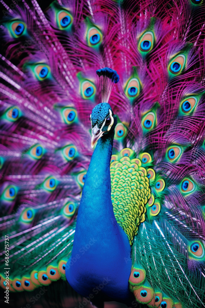 Poster a close-up portrait showcasing the breathtaking plumage of a peacock, its vibrant colors creating a 