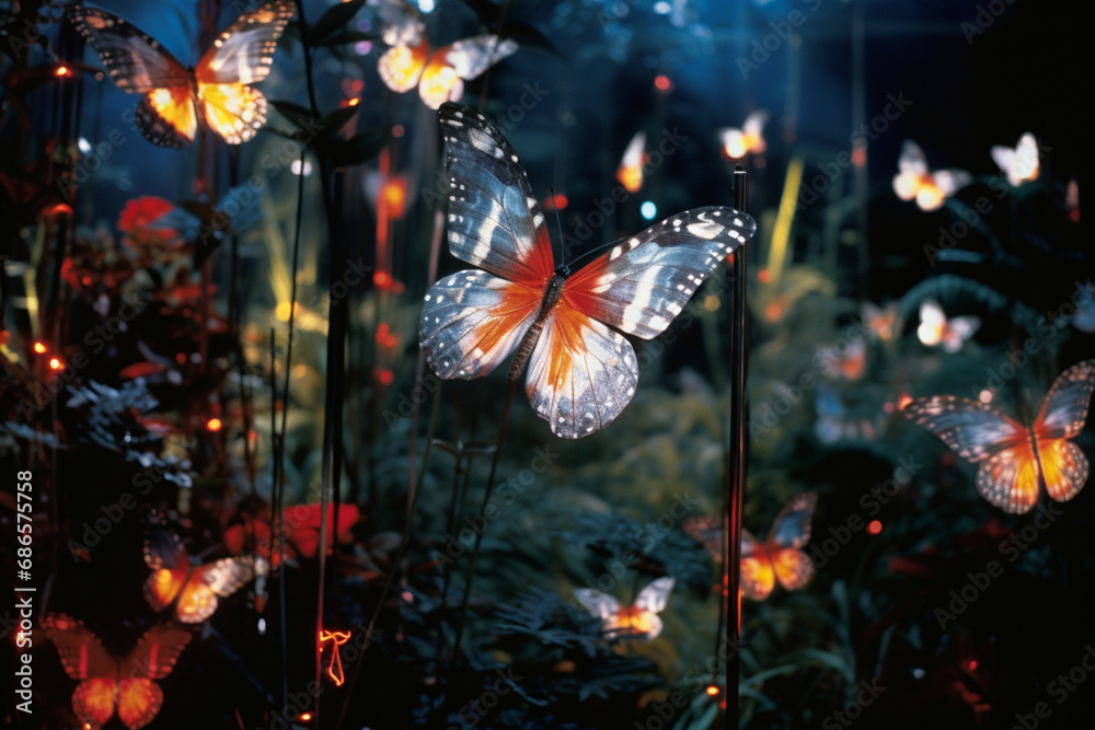 Aufkleber a captivating image of abstract butterflies forming a luminous lattice, their wings adorned with tro