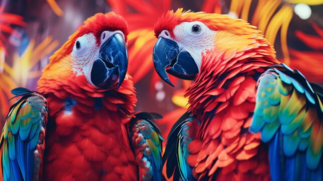 A vibrant image featuring abstract parrots with prismatic plumage, their kaleidoscopic colors adding a burst of energy to the tropical scene.