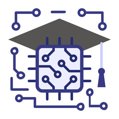 Processor with mortarboard vector icon design, predictive modeling or adaptive control symbol, artificial intelligence sign deep learning illustration, Machine Adaptive learning algorithms concept