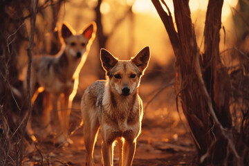 An abstract representation of dingoes in a dynamic dawn setting, their sleek forms adding a sense of wild energy to the tropical landscape. - obrazy, fototapety, plakaty