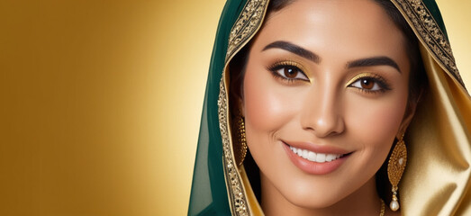 Beautiful Moroccan good woman nice fashion half body eye contact and background empty space for design in Morocco