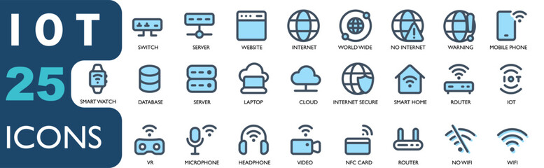 IOT icon set contains router, internet, website, globe, cellphone, database, server, cloud, server, IOT, wifi, camera, NFC.lineal color icons collection. for apk, web and other designs.