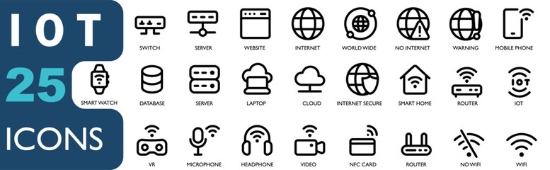 IOT icon set contains router, internet, website, globe, cellphone, database, server, cloud, server, IOT, wifi, camera, NFC.outline icons collection. for apk, web and other designs.