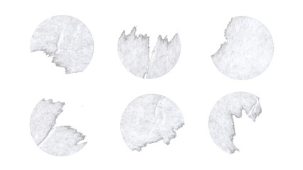 Set of duct torn paper tape circles in png format, isolated white ripped circles of adhesive tape...