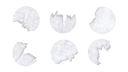 Set of duct torn paper tape circles in png format, isolated white ripped circles of adhesive tape...