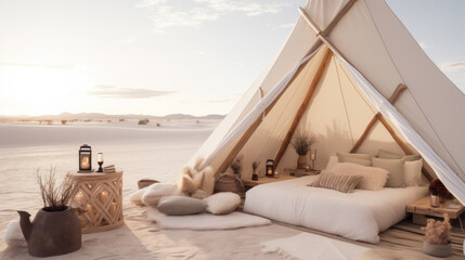 Desert night resort. Glamping arabic tents. Desert camp - obrazy, fototapety, plakaty