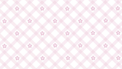 Diagonal pink plaid pattern and flowers on the white background	 - obrazy, fototapety, plakaty