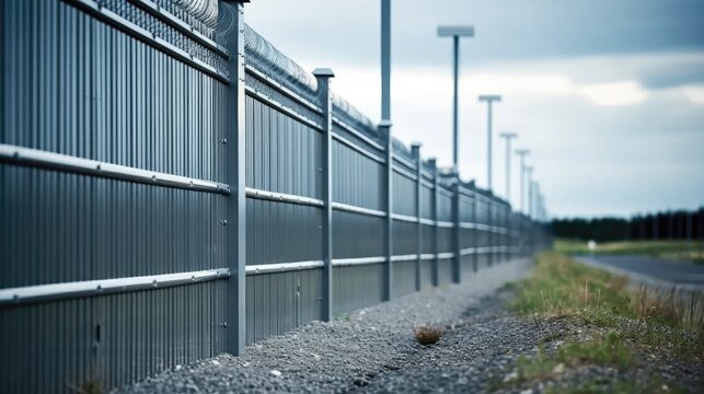 Guarded Fortress: intricacies of a military base with a closeup of the metal border fencing.