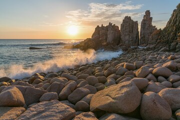 Beach shore with large rocks and crashing waves illuminated by the warm glow of an orange sky