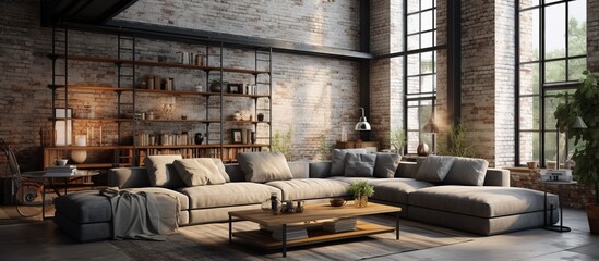 Obraz na płótnie Canvas Grey sofa in contemporary loft living room