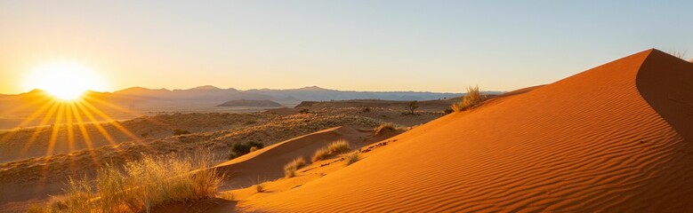 Scenic view of a desert landscape with a sun-soaked horizon in the background