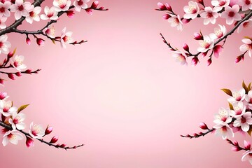 Fototapeta premium Sakura on pink background with empty space and blooming cherry blossom