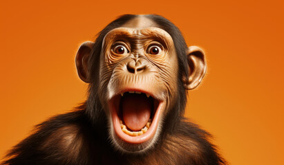 Portrait of a Chimpanzee showing his teeth. Open mouth. Orange background.
