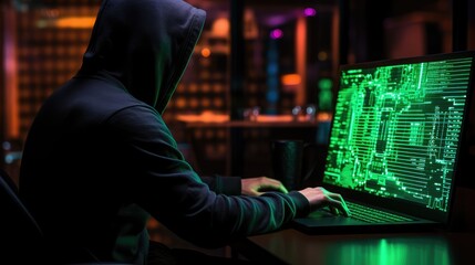 Hacker, coding, malware concept. Binary code neon background.