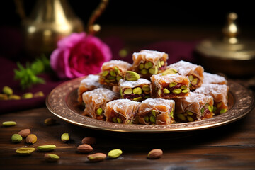 A heap of locum cubes with pistachios. Double roasted turkish delight on the metal plate