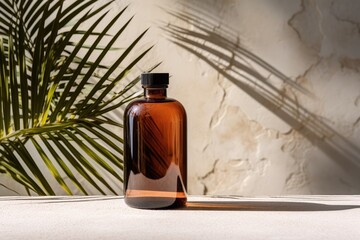 Dark glass bottle on the stone wall background with sunlight and palm leaf. Skincare essence for beautiful healthy skin. Beauty skincare concept.