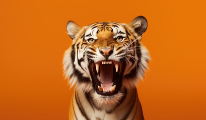 Portrait of a Tiger showing his teeth. Open mouth. Orange background.