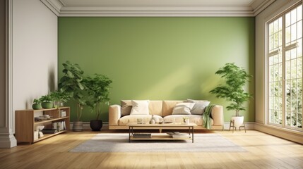 Empty minimalist room in modern house or apartment. Pistachio wall, hardwood floor, beige comfortable sofa, wooden coffee table and console, indoor plants in pots, large panoramic window. Mockup.