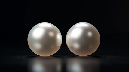 A close-up of lustrous pearl stud earrings against a dark background in