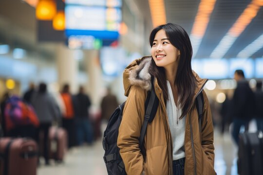 Young charming Asian female tourist with backpack standing in airport terminal. Romantic student traveler girl starts her journey in domestic or international airport. Youth tourism, vacation concept.
