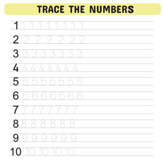 Trace the numbers. Tracing number worksheet for kindergarten, preschool for learning numbers and handwriting practice activities. Educational children game, printable worksheet. Vector illustration - obrazy, fototapety, plakaty