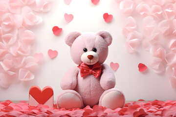 teddy bear with hearts Cute bear with a bow on the pastel background
