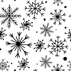 Obraz premium Vector pattern.Winter Snowflake.Doodle Style.New Year.Hand Drawn.Holiday.Symbol.Glitter.Shine Magic.New Year's.Festive.Christmas.Cold.Snowfall.Minimalistic Simple Black on White Background.Snow.