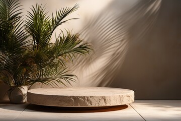 Stone podium with tropical palm leaves for product presentation. Mock up, show cosmetic product display.