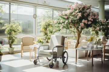 Fototapeta premium Relaxation room in modern hospital with comfortable wheeled armchair. Cozy, bright, comfortable premises in modern clinic with indoor plants, where patients can relax or chat with visiting relatives.