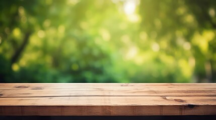 Empty wooden table with blurry green forest background for product display mockups, generative AI