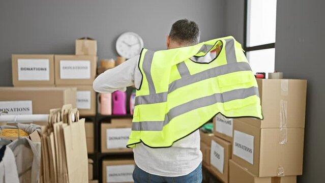 Backwards glimpse at a young, attractive hispanic man with grey hair, wearing volunteer vest in charity center, silently voicing community care & altruistic service.