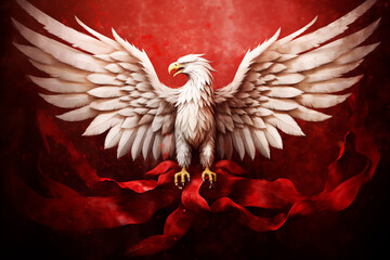 White eagle on a red background, national coat of arms of Poland