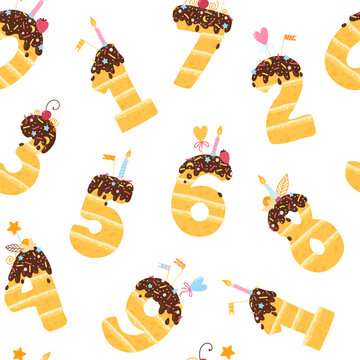 Seamless pattern with birthday cakes in the shape of numbers from 1 to 10 with chocolate icing, candy sprinkles and candles. Sponge cake with cream. Vector illustration in cartoon hand drawn style.